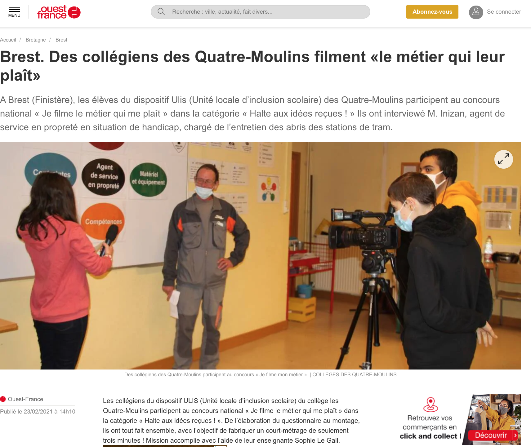 Brest. Des collégiens des Quatre-Moulins filment «le métier qui leur plaît»