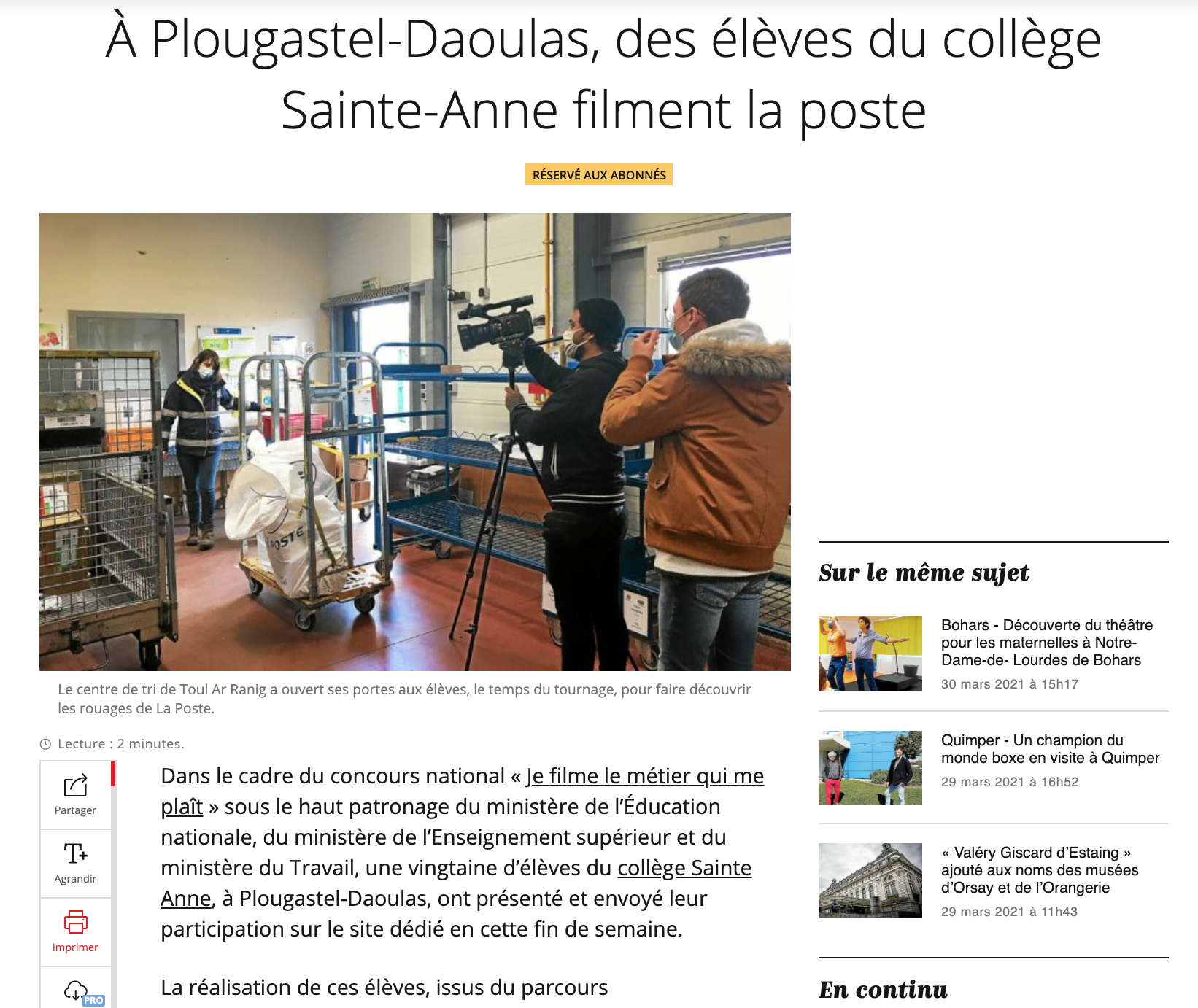 À Plougastel-Daoulas, des élèves du collège Sainte-Anne filment la poste